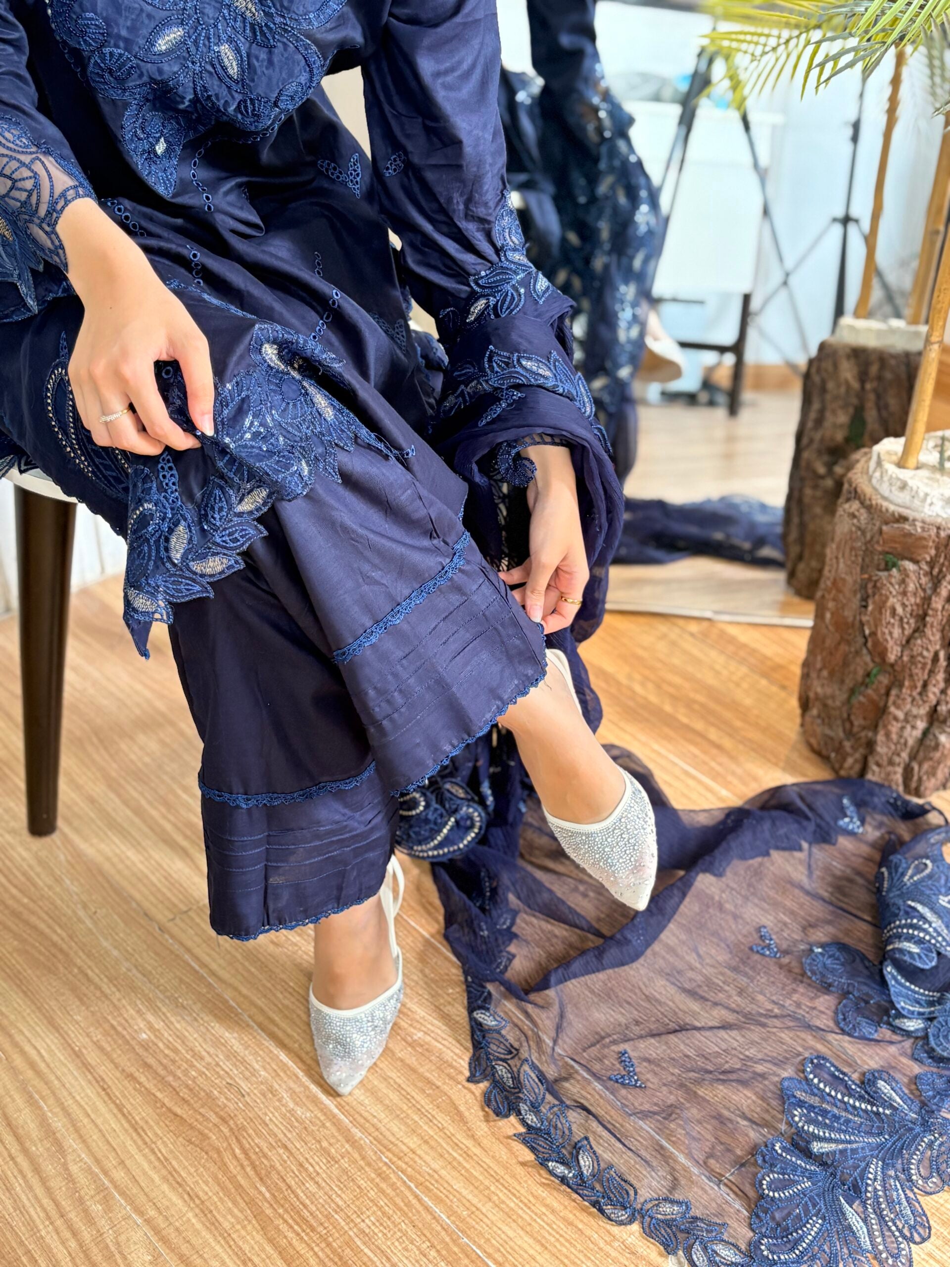 Navy blue emb cutwork lawn