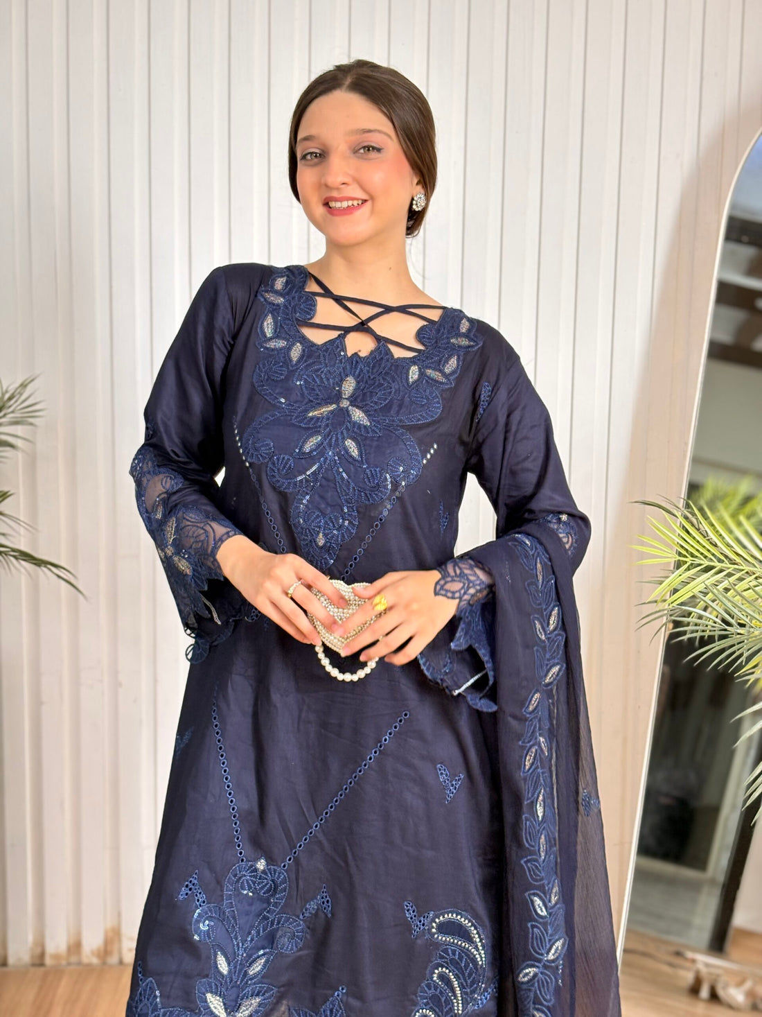 Navy blue emb cutwork lawn