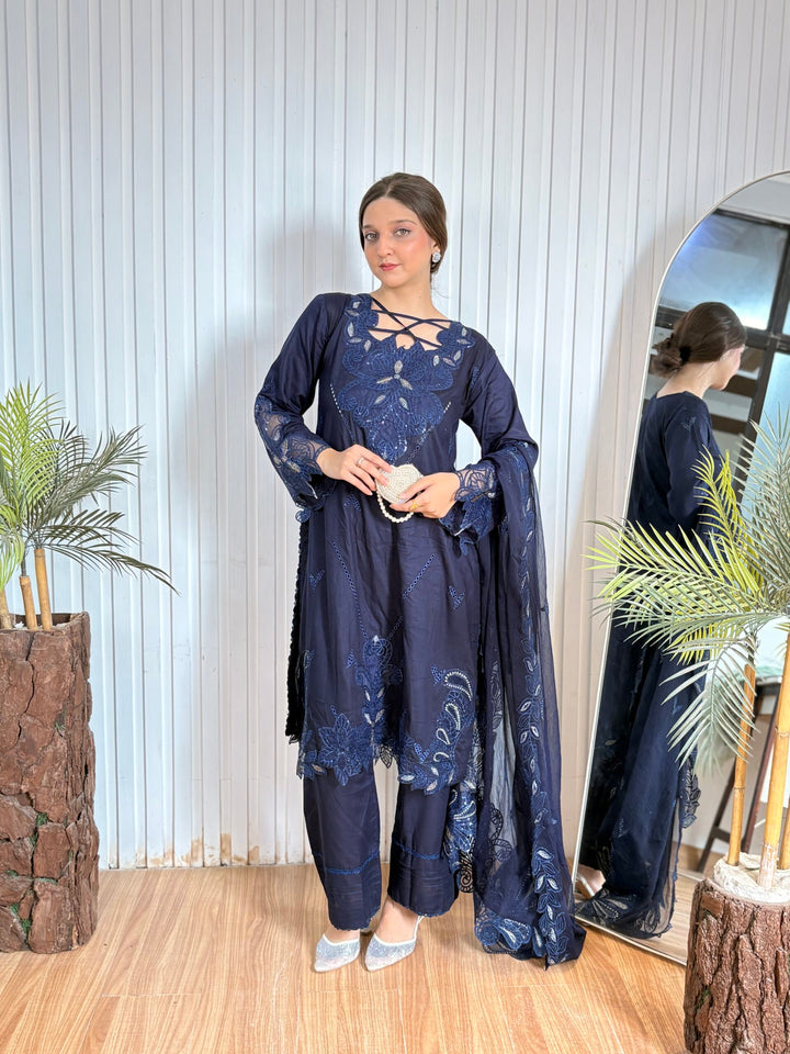 Navy blue emb cutwork lawn