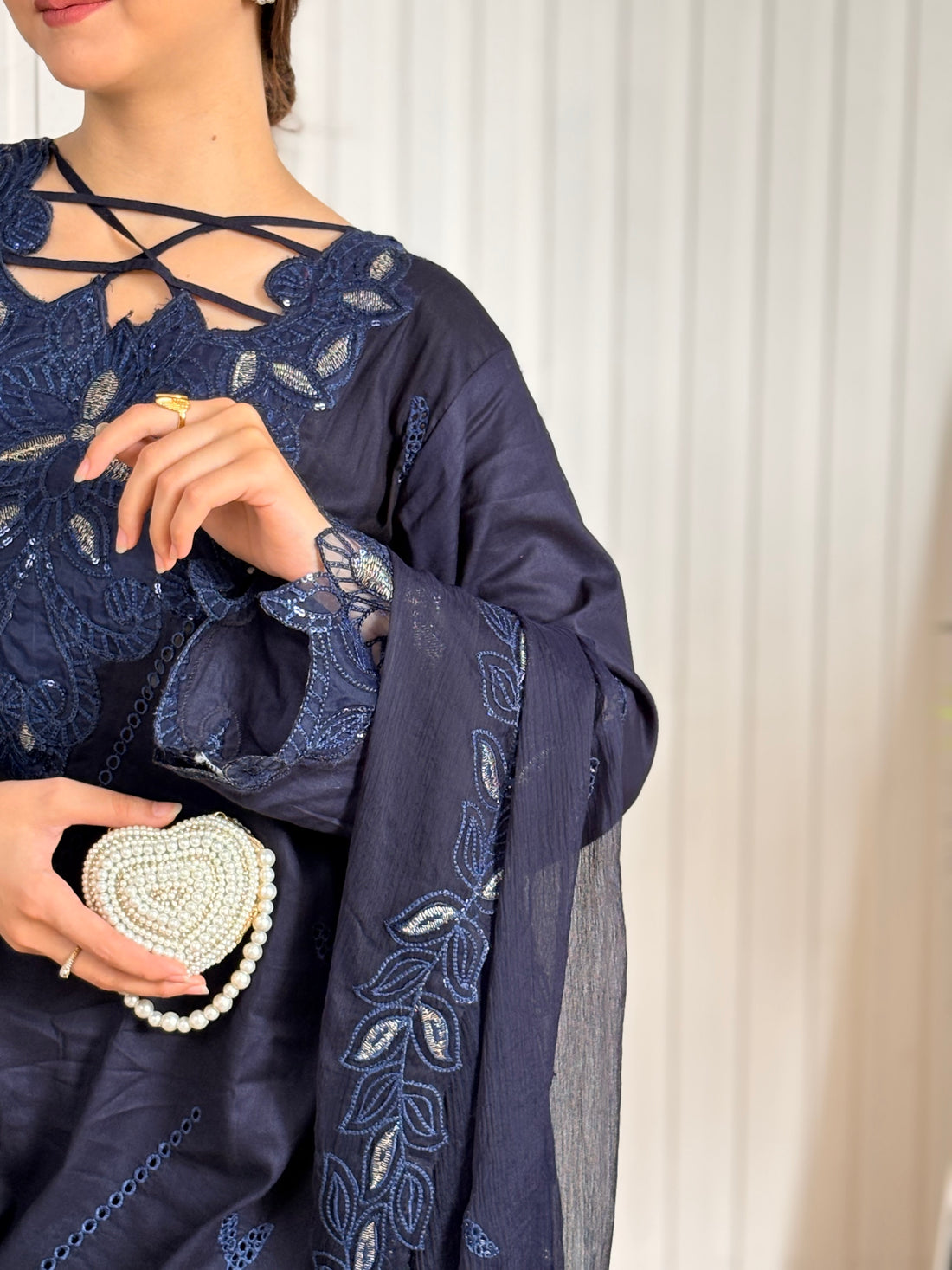 Navy blue emb cutwork lawn