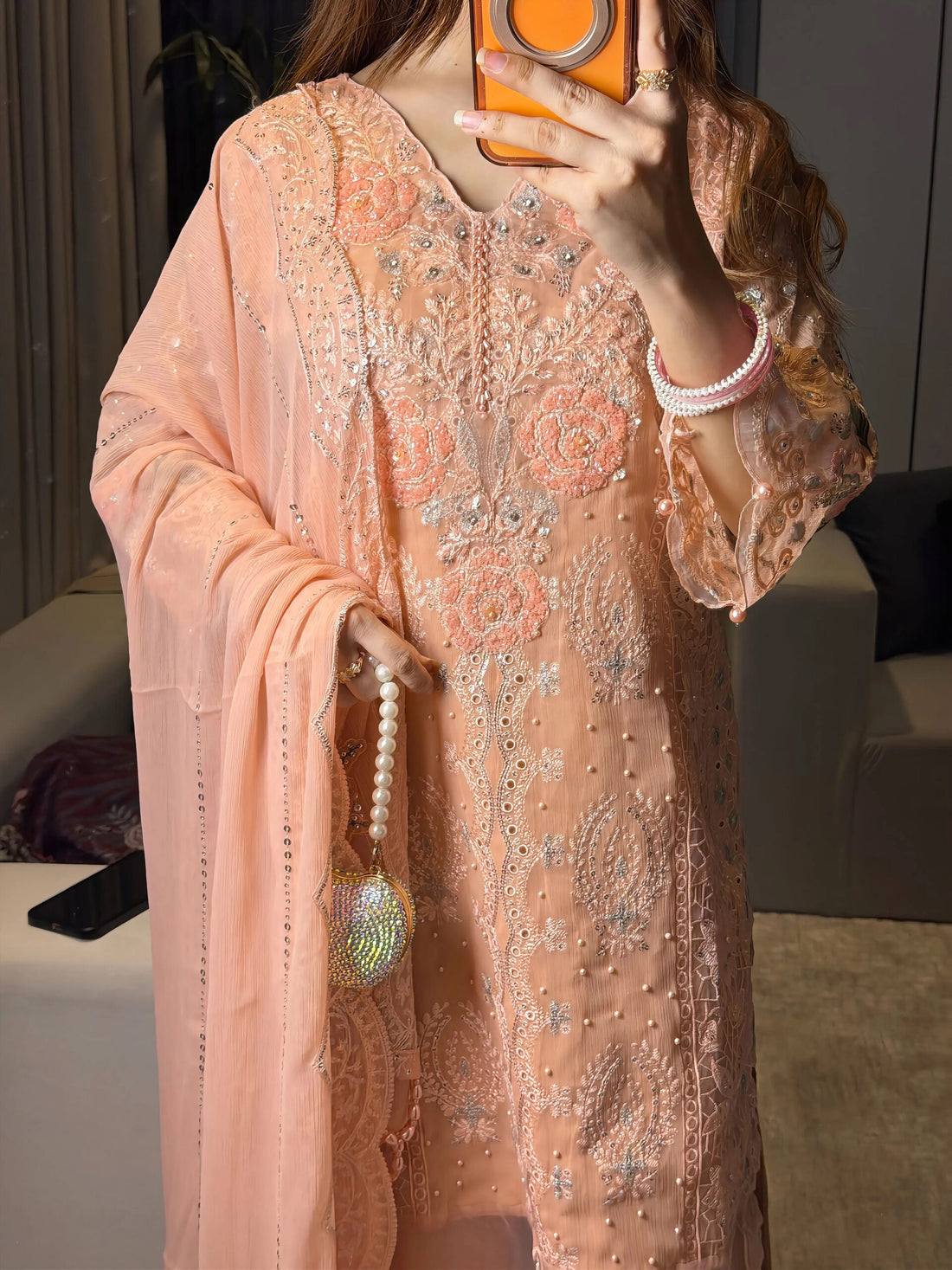 Peach pink organza pret