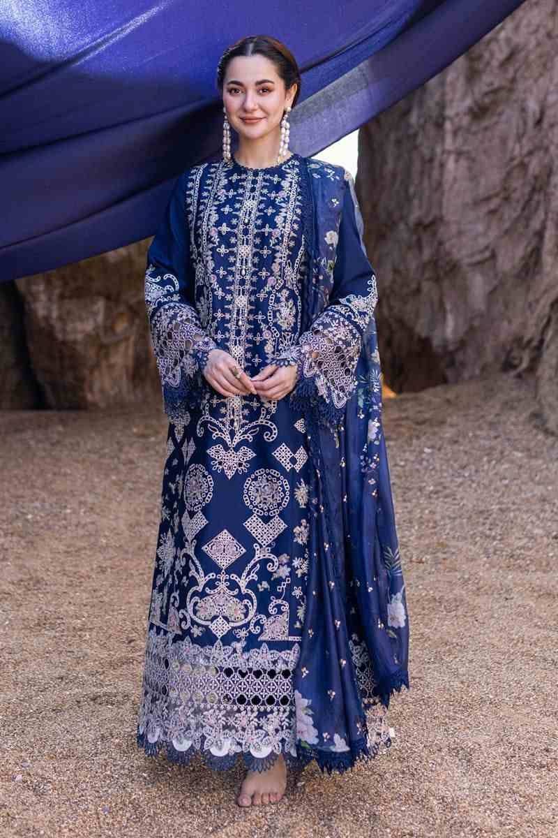 Qalamkar sahil kinare lawn 24 Ink blue