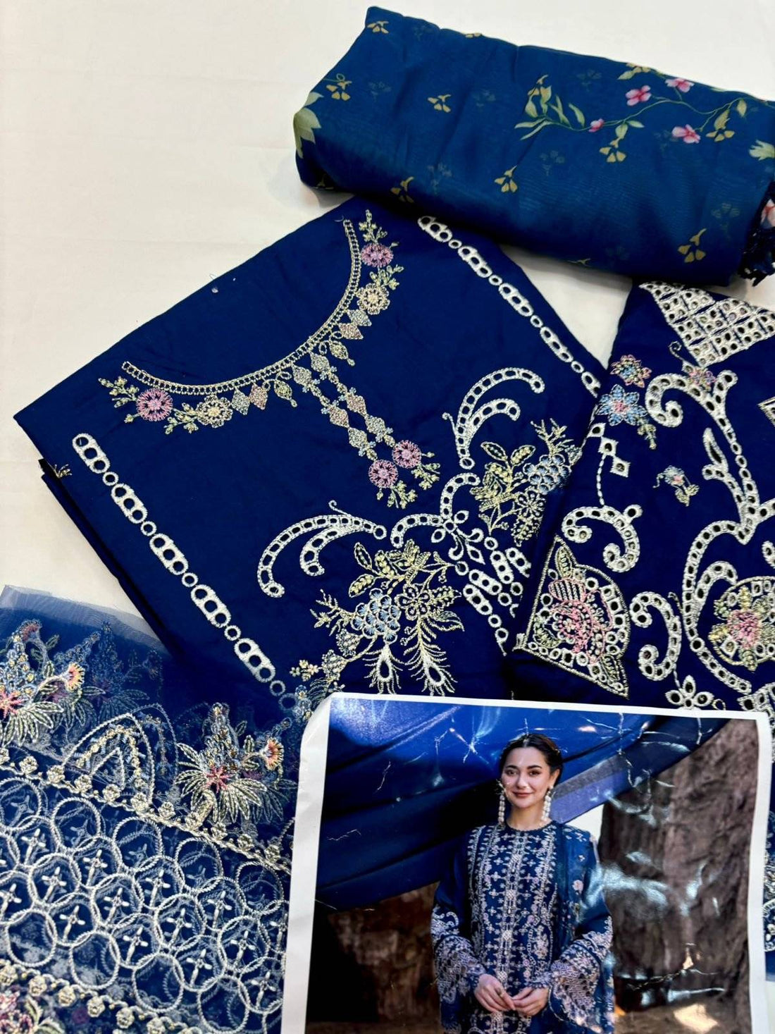 Qalamkar sahil kinare lawn 24 Ink blue