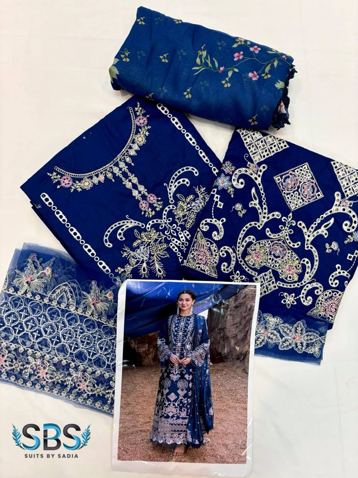 Qalamkar sahil kinare lawn 24 Ink blue