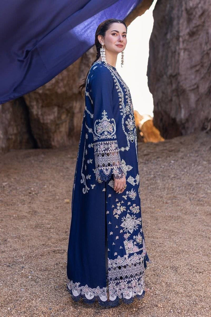 Qalamkar sahil kinare lawn 24 Ink blue