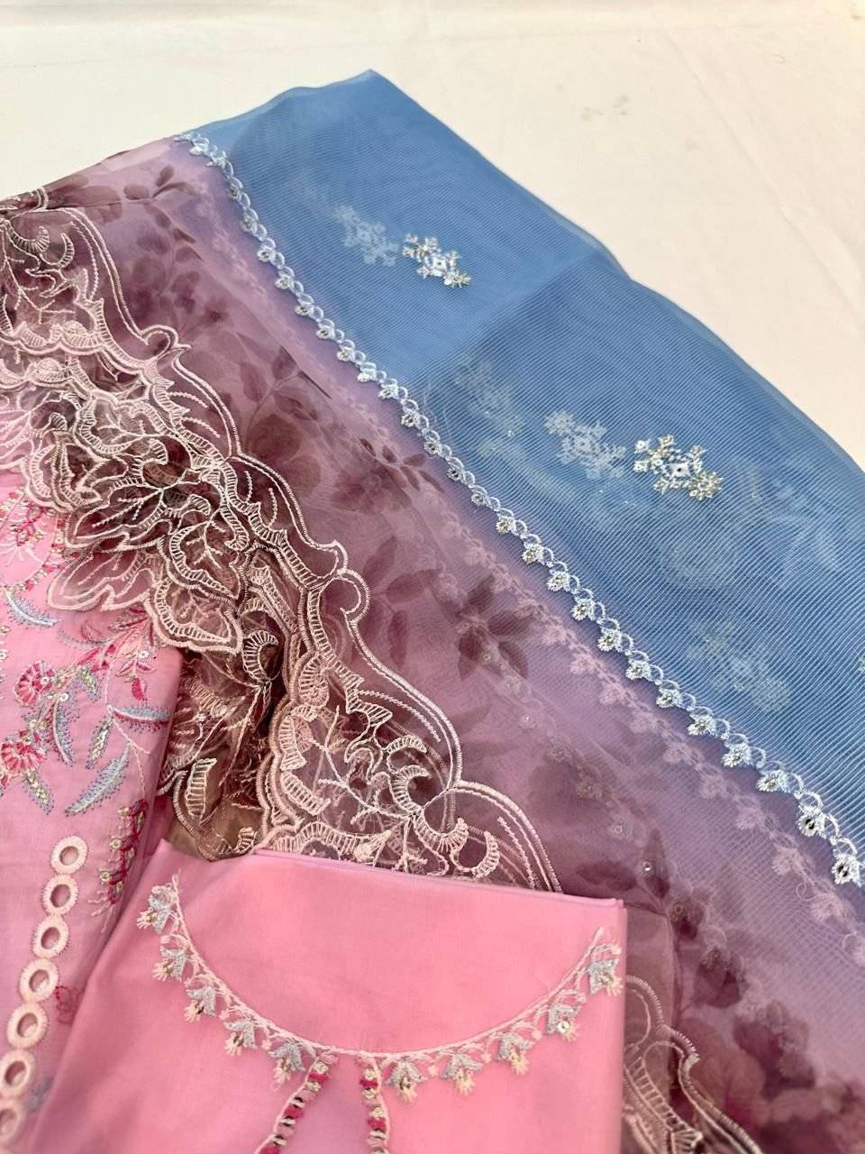 Qalamkar Lawn Pastel pink