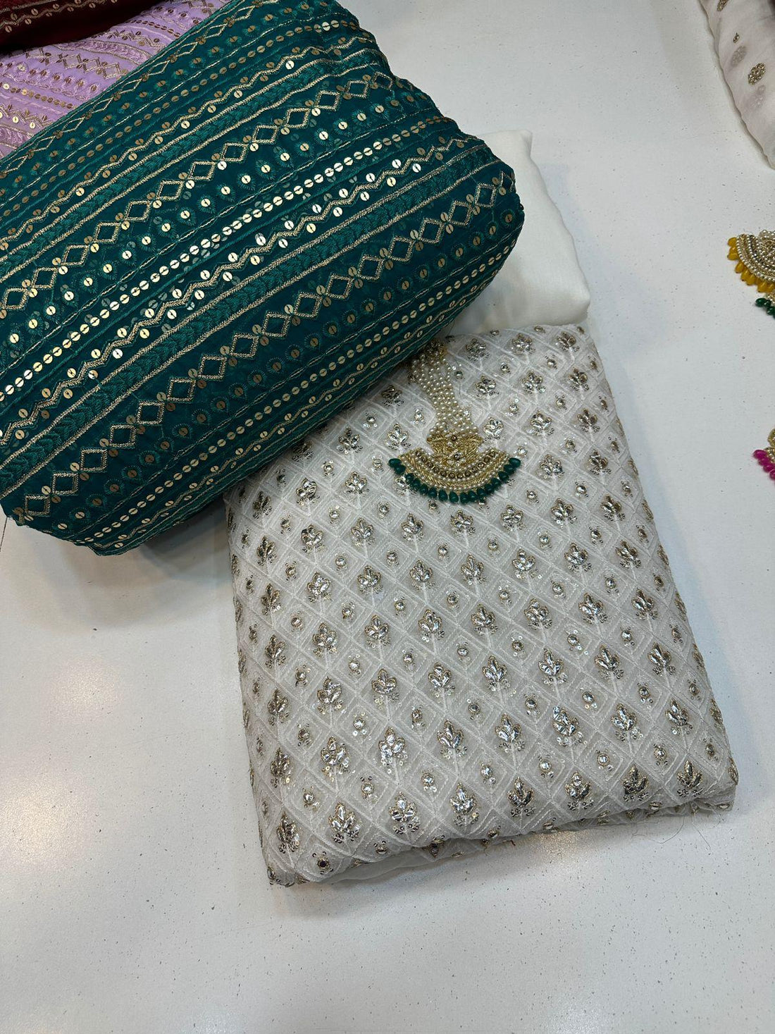 DESIGNER BAMBER CHIFFON FOIL WORK &Jewellery - Lace Emerald green