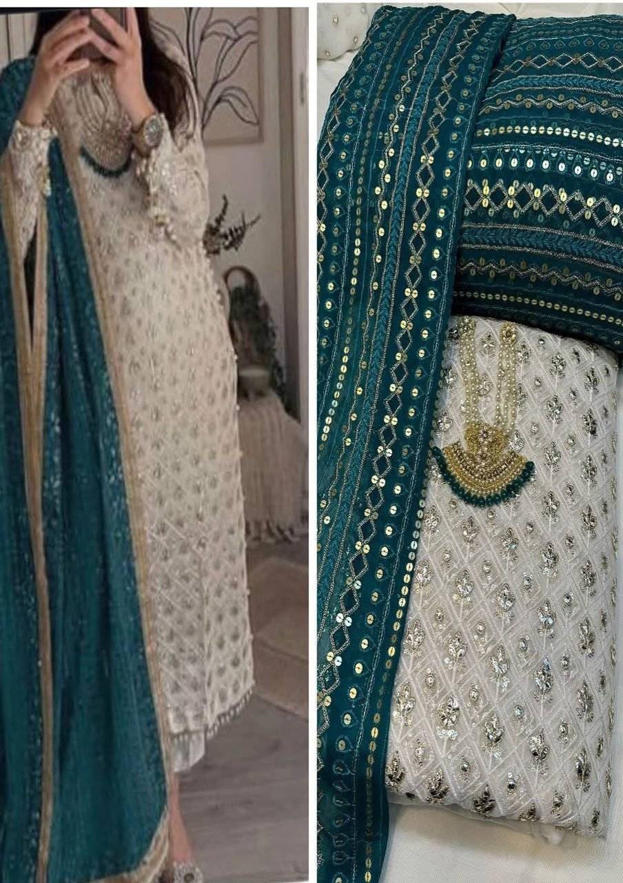 DESIGNER BAMBER CHIFFON FOIL WORK &Jewellery - Lace Emerald green