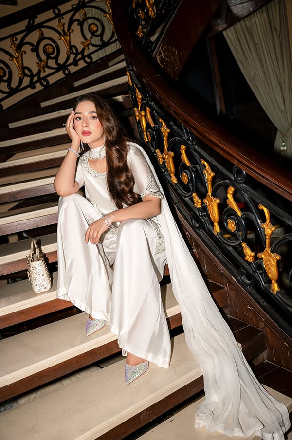 Maruk Pearl White Heavy Embroidered Unstitched Shamooz Silk 3 Piece Suit