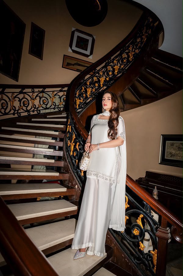 Maruk Pearl White Heavy Embroidered Unstitched Shamooz Silk 3 Piece Suit