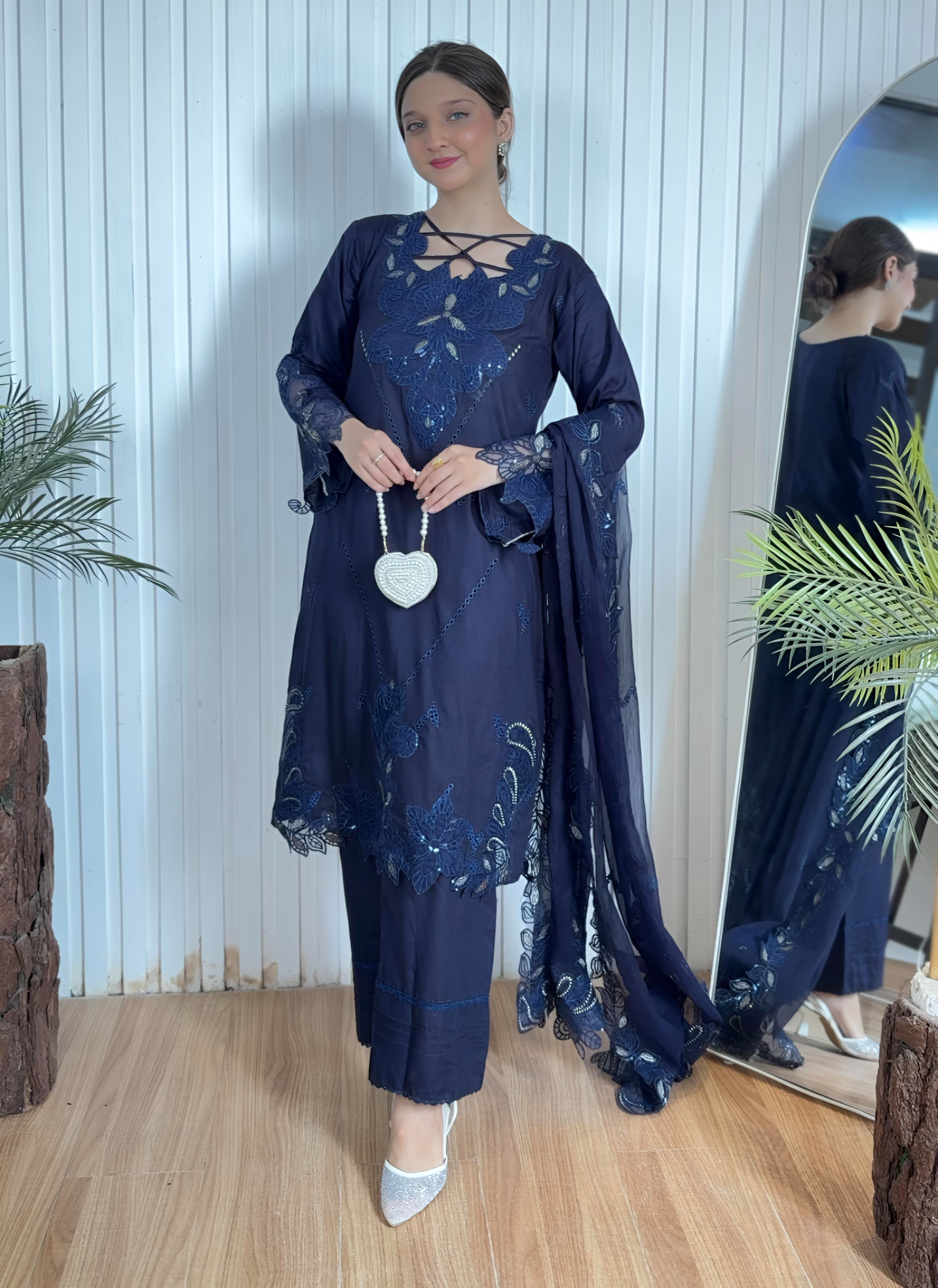 Navy blue emb cutwork lawn