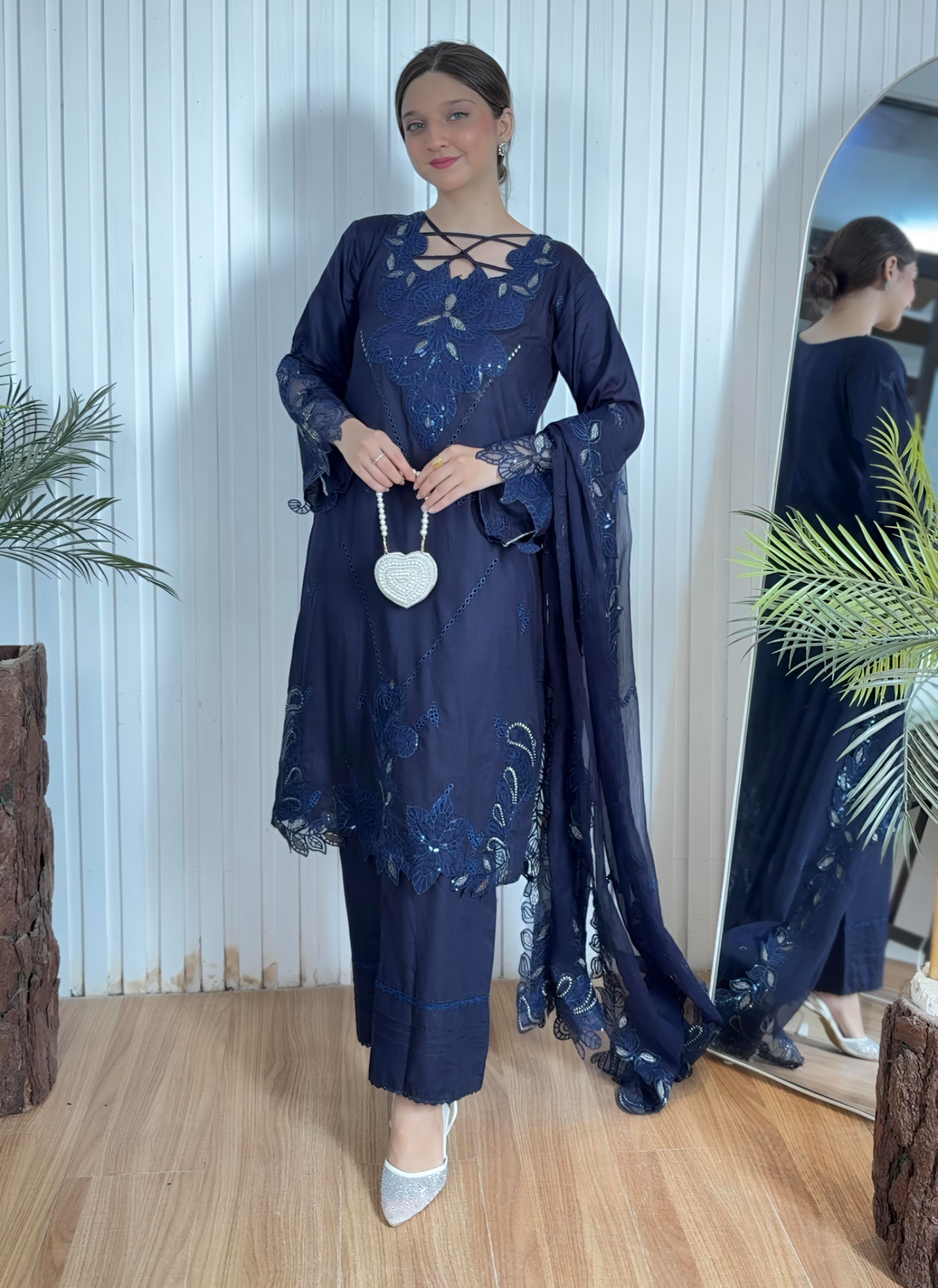 Navy blue emb cutwork lawn
