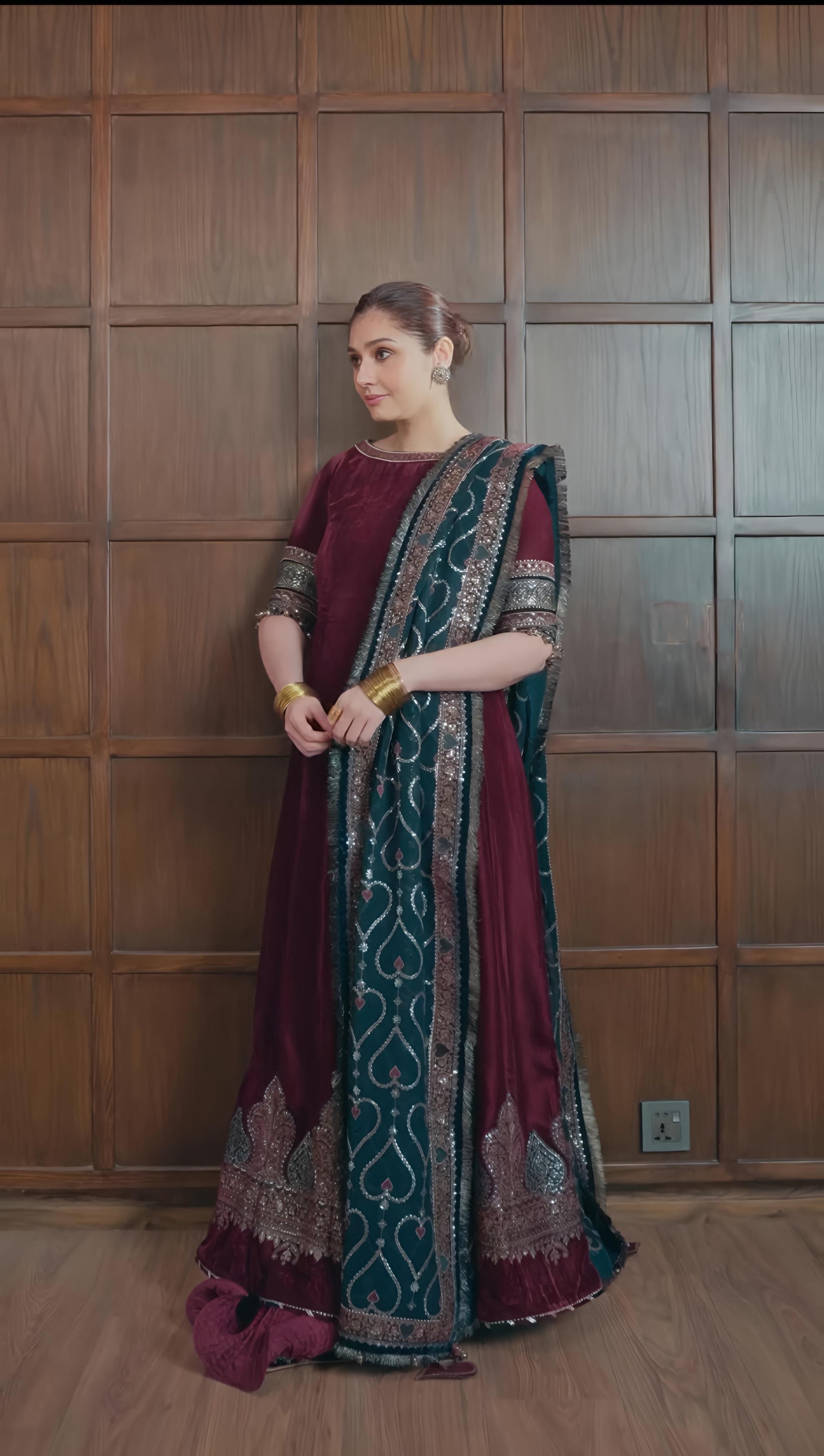 Jazmin Embroidered Velvet Formal Kalidaar Maxi - ZARYAB - Maroon & Teal