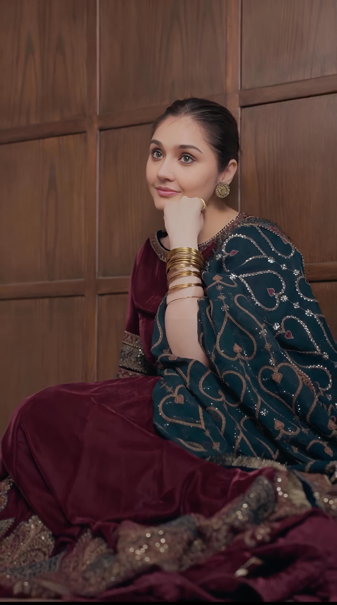 Jazmin Embroidered Velvet Formal Kalidaar Maxi - ZARYAB - Maroon & Teal