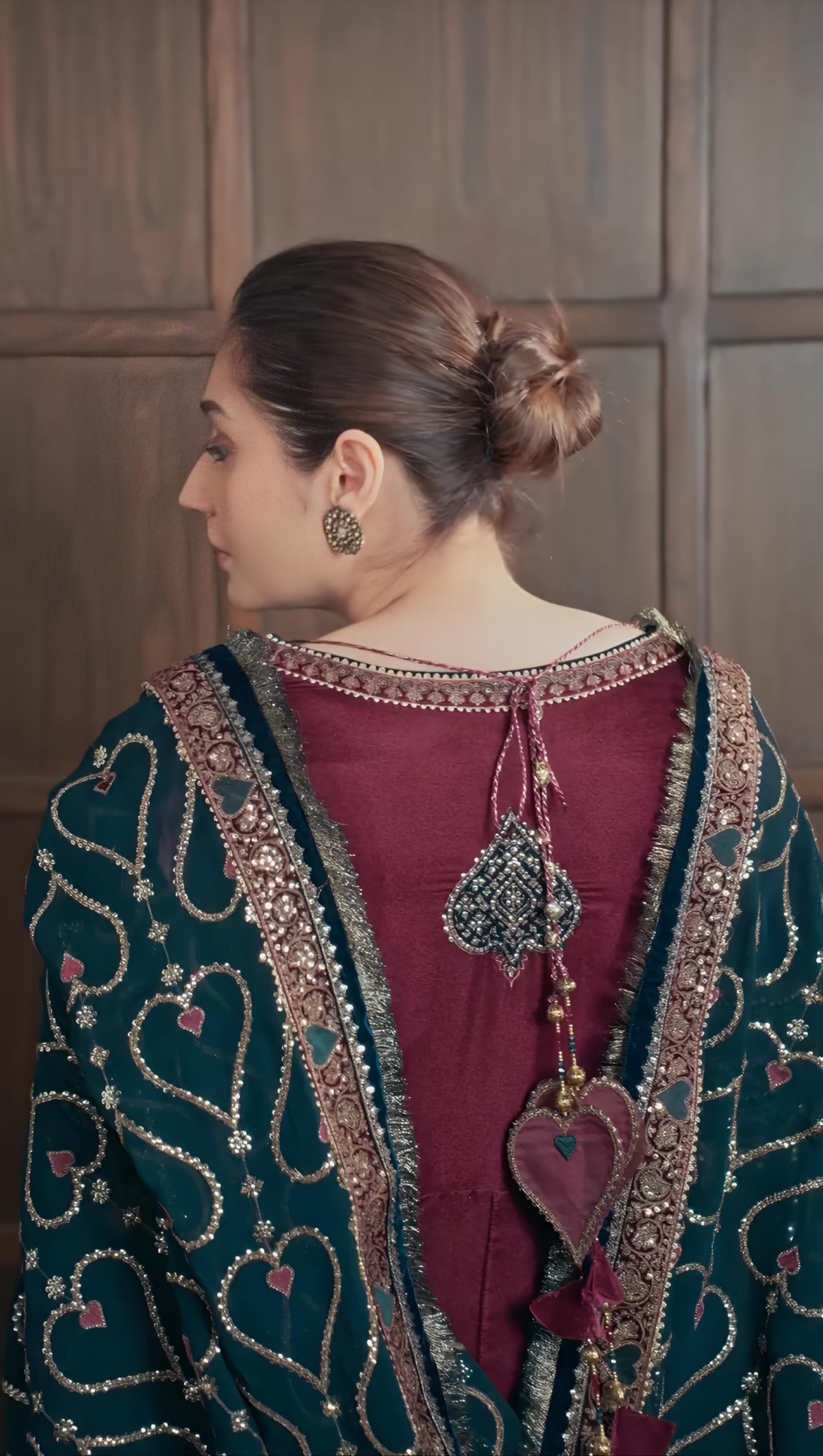 Jazmin Embroidered Velvet Formal Kalidaar Maxi - ZARYAB - Maroon & Teal