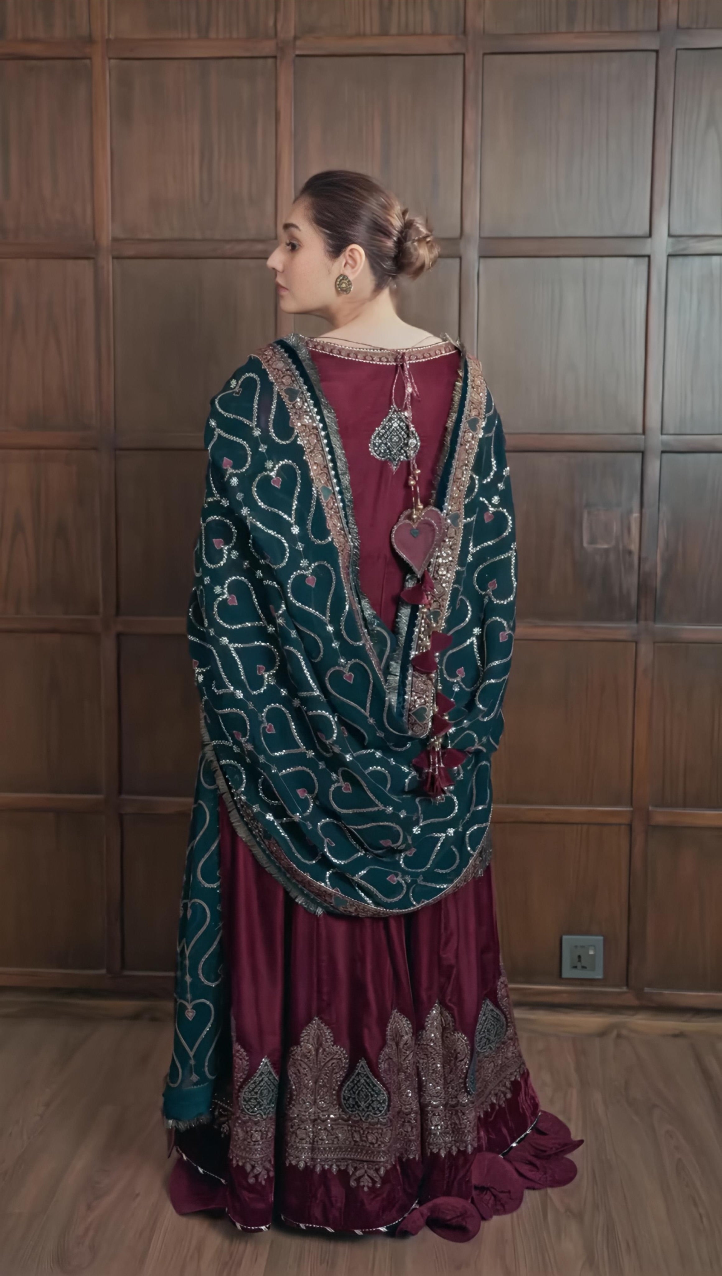 Jazmin Embroidered Velvet Formal Kalidaar Maxi - ZARYAB - Maroon & Teal